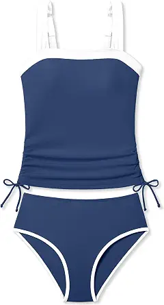 Queenstyle Teen Girls Tankini Swimsuit 2-Piece Color-Block Bathing Suit with Drawstring for Ages 9-16