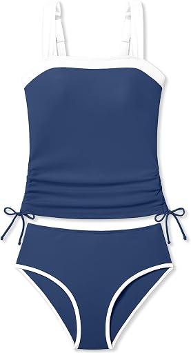 Queenstyle Teen Girls Tankini Swimsuit 2 Piece Bathing Suit Color-Block Drawstring Girls' Swimwear for 9-16 Years