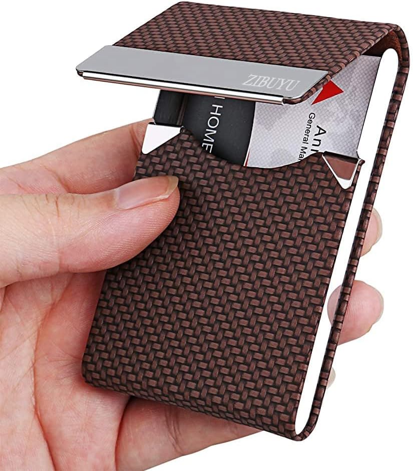Zibuyuยฎ Business Card Holder for Man&Women Metal Classy Visiting Card Holder for Pocket PU Leather Wallet Slim Cards Case with Metal Magnetic Clasp, 20 Cards (6X9.5Cm) Office Product - Brown