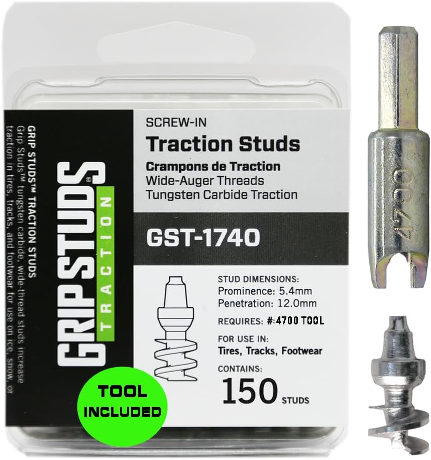 1740-5.4mm Prominence GRIPSTUDS Motorcycle Tire Stud, Pack of 150 Solid Tungsten Carbide Tipped Screw In Studs for Improved Traction For The Front Tire - Includes Installation Tool