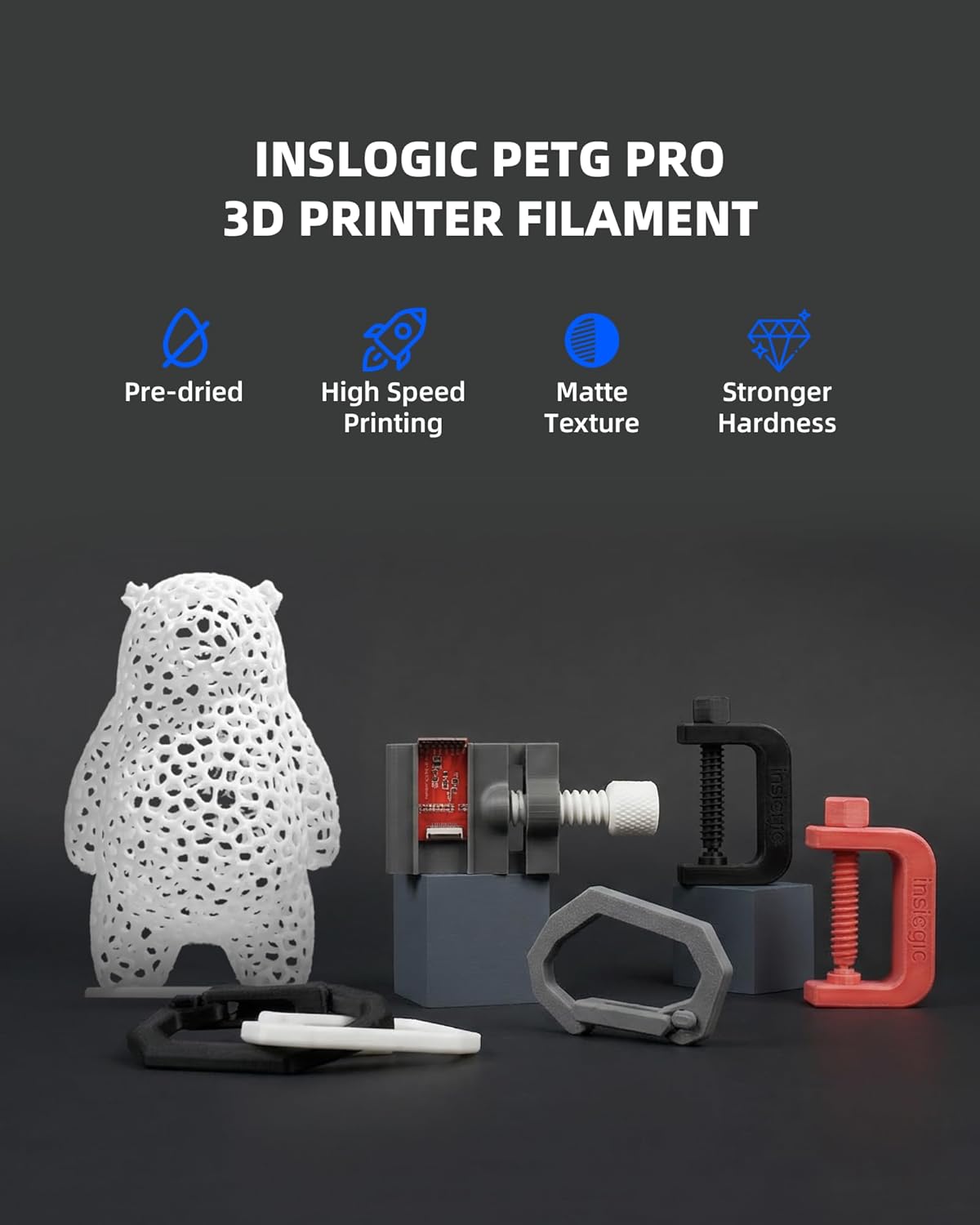 Inslogic PETG Pro Pre-Dried 3D Printer Filament 1.75mm, High-Speed PETG Filament, Stronger Toughness, High Precision ±0.02mm, Compatible with FDM Printers, 1kg×4 Spools (Black+White+Blue+Red)