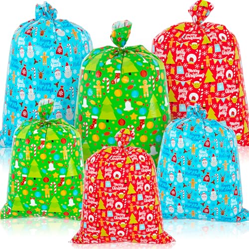 GuassLee 6pcs Large Christmas Gift Bag for Presents Jumbo Plastic Goody Bag Giant Gift Bag Assorted Size 49X35.5 and 36.4 X 34.5 with Gift Tag Card for Christmas Big Gift Wrapping Bag