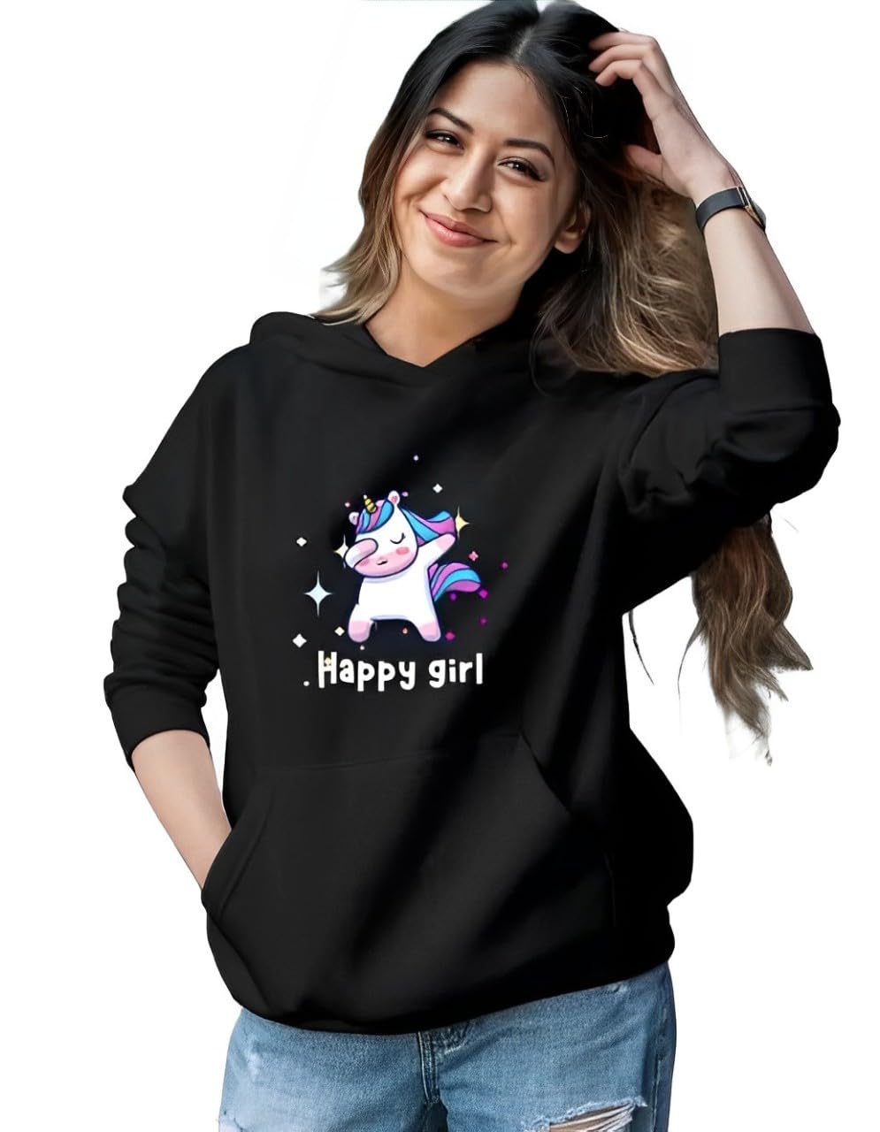 NiKKaMma Womens Oversized Hoodies Happy Girl Print Cotton Sweatshirts Long Sleeve Sweaters Pullover Fall Winter Outfits