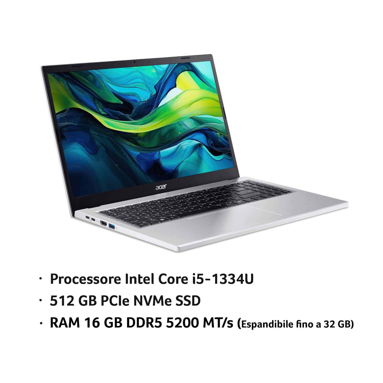 acer Aspire Go 15 AG15-71P-596U PC Portatile, Notebook, Processore Intel Core i5-1334U, RAM 16 GB DDR5, 512 GB PCIe NVMe SSD, Display 15.6" FHD, Scheda Grafica Intel Iris Xe eligible, Windows 11 Home