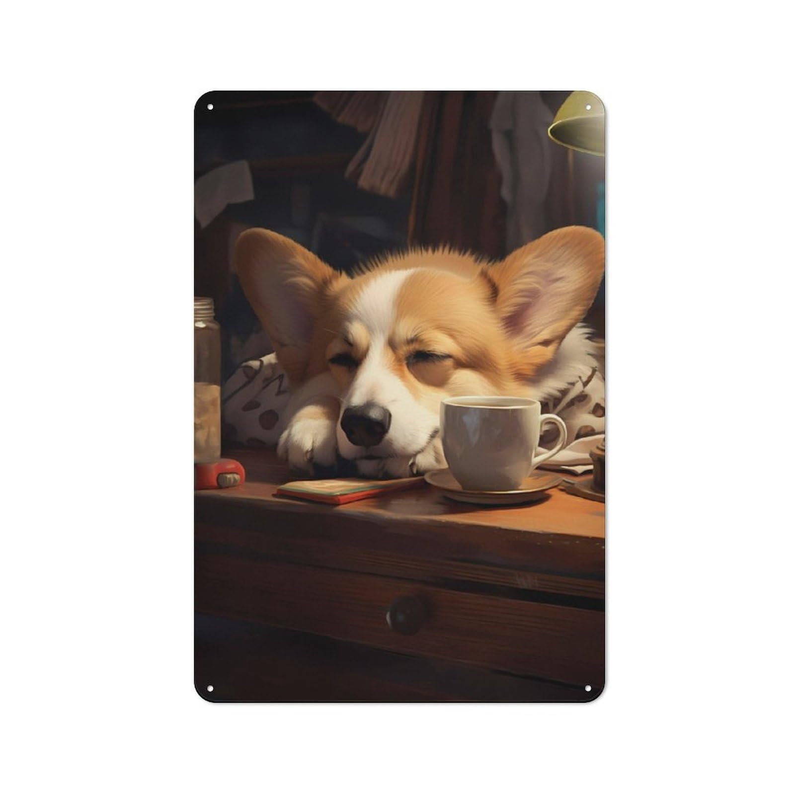 Junmoney Cute Dog Corgi Coffee Cozy Printed Metal Sign 30X20cm For Studio Or Craft Room, For Creative-Space Collectors