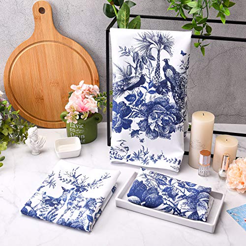 6 Pieces Chinese Style Kitchen Tea Towels, Chinoiserie Dish Towels Kitchen Bar Towels Animal Peacock Elk Flower, Chinese New Year Hand Towel Spring Festival Large Plate Cloth Set, White And Blue #TOP4