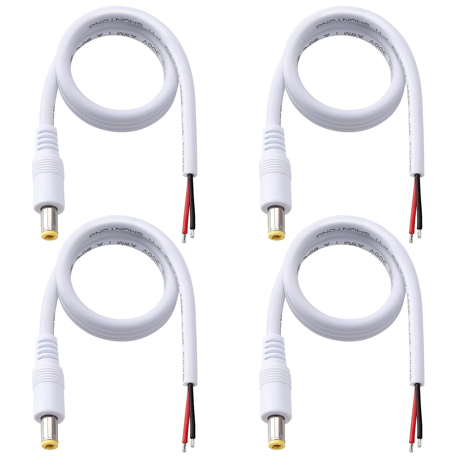 KUOQIY 4 PCS 50cm 18 AWG 5.5mm x 2.5mm DC Power Pigtails Cable, DC Male Plug to Bare Wire Open End Power Supply Replacement Repair Cord, for CCTV Security Camera, LED Strip Light, White
