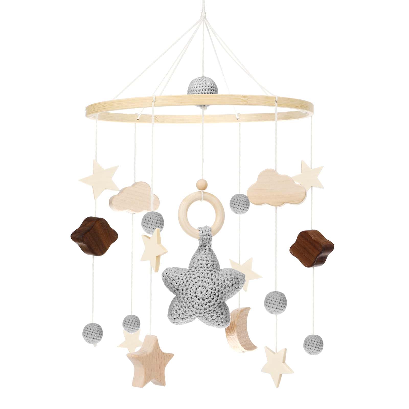 Auauraintt Cuna móvil para bebé, equipada con un bonito colgante de estrella, con decoración colgante de bolas de fieltro, campanilla de viento móvil de madera para bebé, regalo para bebés o niños