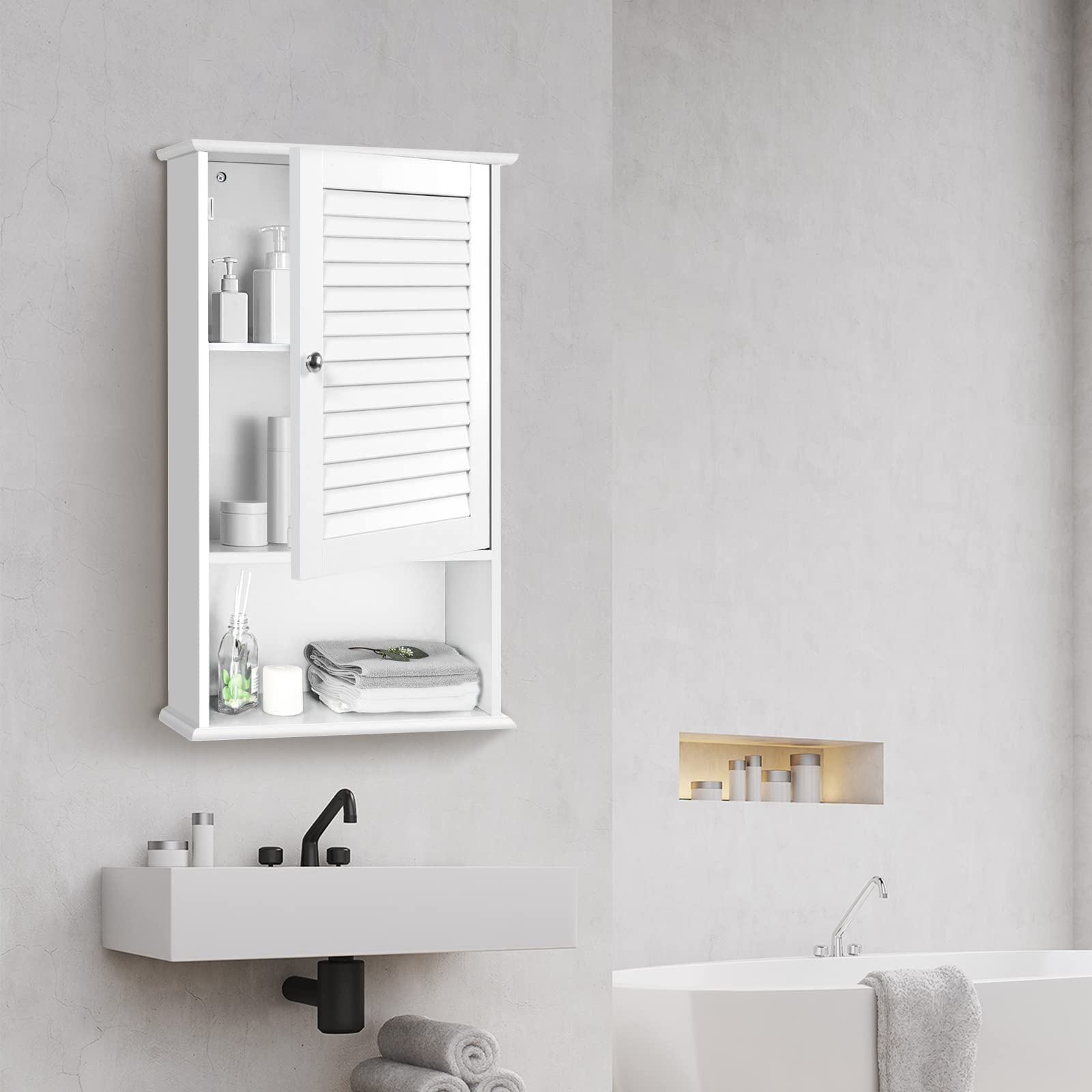 COSTWAY Armadio del Bagno Montato a Muro, Mensola Interna Regolabile, Struttura in MDF di Qualità, Pratico e Salva Spazio, Design Unico (Bianco)