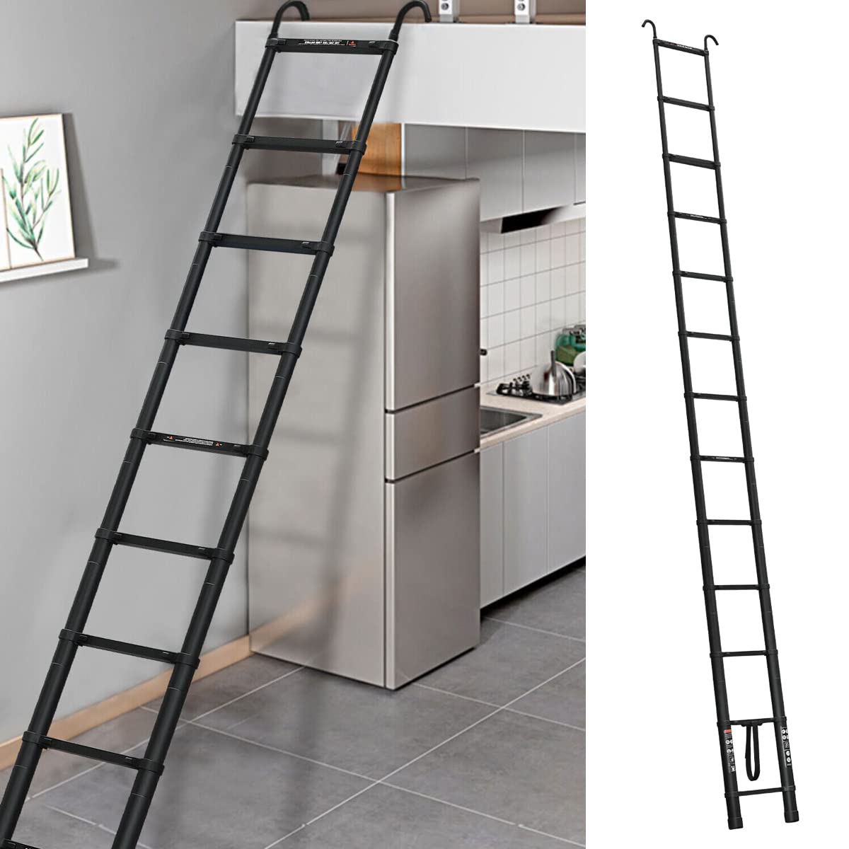5M Teleskopleiter mit Haken, Rutschfester Ausziehleiter Klappleiter Schiebeleiter aus hochwertiges Alu, 13 Stufen Stehleiter Mehrzweckleiter, 150kg Belastbarkeit