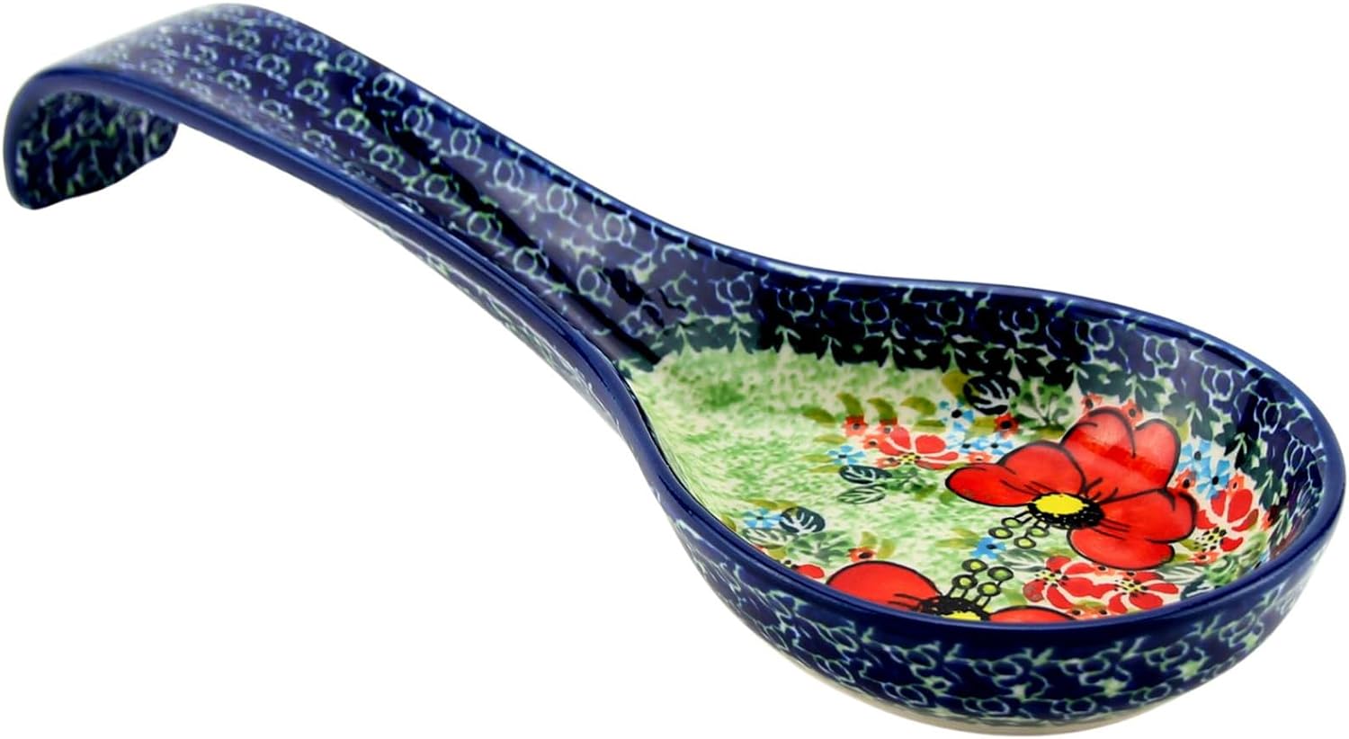Polish Pottery Market 12” Long Handmade by Zaklady Boleslawiec Poland, Cute Spoon Rest for Stovetop, European kitchen décor, Ladle Holder (Garden Meadow Unikat)