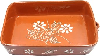 Vintage Portuguese Traditional Clay Terracotta Pottery Roaster Cazuela Made In Portugal N.2 13 5/8 x 9 3/4 x 3 1/8" Inches