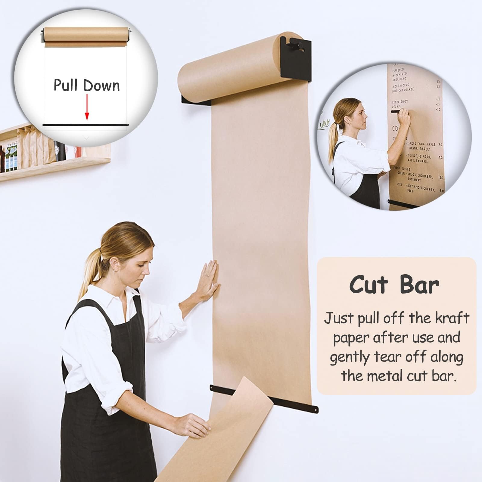 Porta rotolo di carta kraft da parete, dispenser di carta resistente, con rotolo di carta kraft marrone da 50 m, telaio in acciaio largo 37 cm per esigenze di artigianato e imballaggio