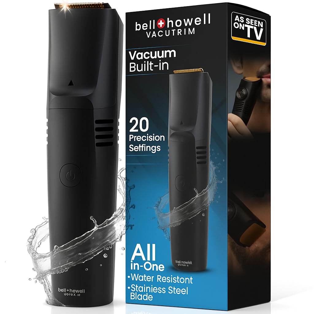 Vacutrim Cordless Mens Beard Trimmer, Rechargeable Electric Shaver with 20 Trim Setting Calibration Dial and Built-in Vacuum for Mustache, Sideburns. Facial Hair, Black, 7.5", As Seen On TV