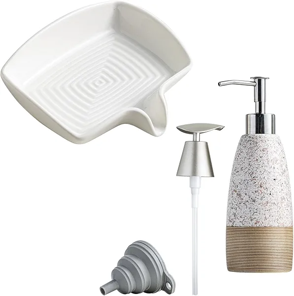 Soap Dish with Waterfall Design & 12OZ Ceramic Dish Soap Dispenser with Plastic Pump & Stainless Steel Pump