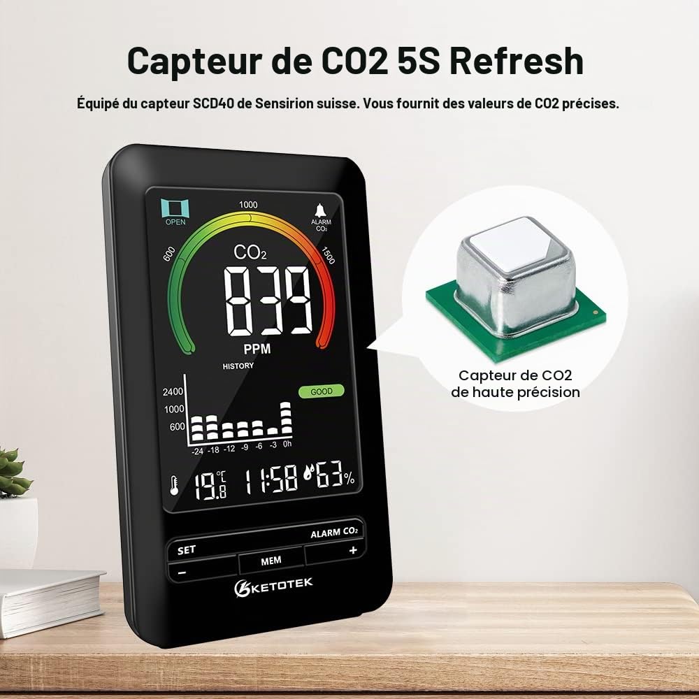KETOTEK Detecteur CO2, Moniteur de Qualité de L'air Intérieur, Capteur CO2 avec Alarme, Détectant la Dioxyde de Carbone Température et Humidité