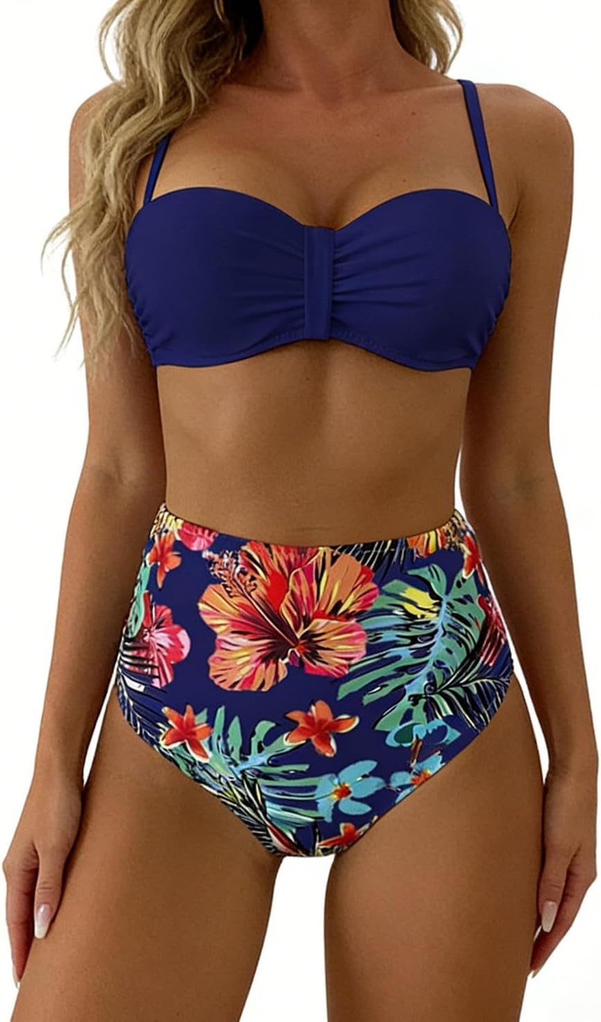 High Waisted Bikini Set, Orange Bandeau Top with Tropical Floral Bottom Swimwear, Two Piece Swimsuit Summer Beachwear PQ23001