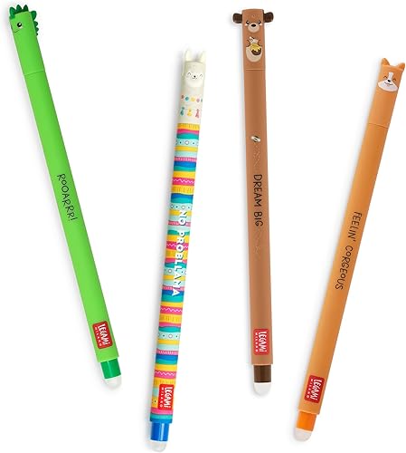 Lot 4 stylos gel effaçables Legami Dino Teddy Bear Corgi Llama