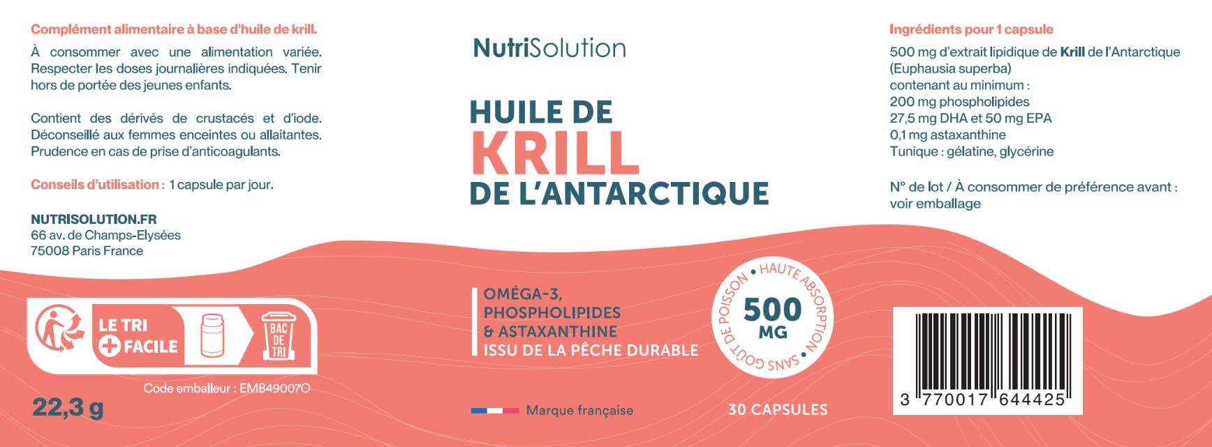 Huile de Krill Antarctique : Oméga-3 Premium avec Phospholipides & Astaxanthine - Soutient Cœur, Cerveau & Articulations - 500mg, 30 Capsules - Durable - Fabriqué en France par NutriSolution (1)