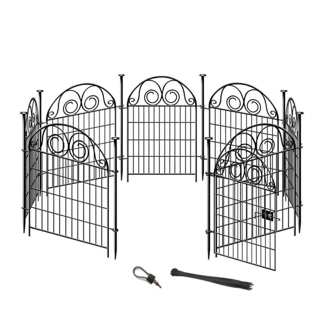 Getlay Tall Garden Animal Barrier with Gate, 32H x 27L in, 8 Panels Dog Fence, Black Heavy Duty Metal Temporary Defense Fence for Outdoor Yard. Total 17.5 Ft