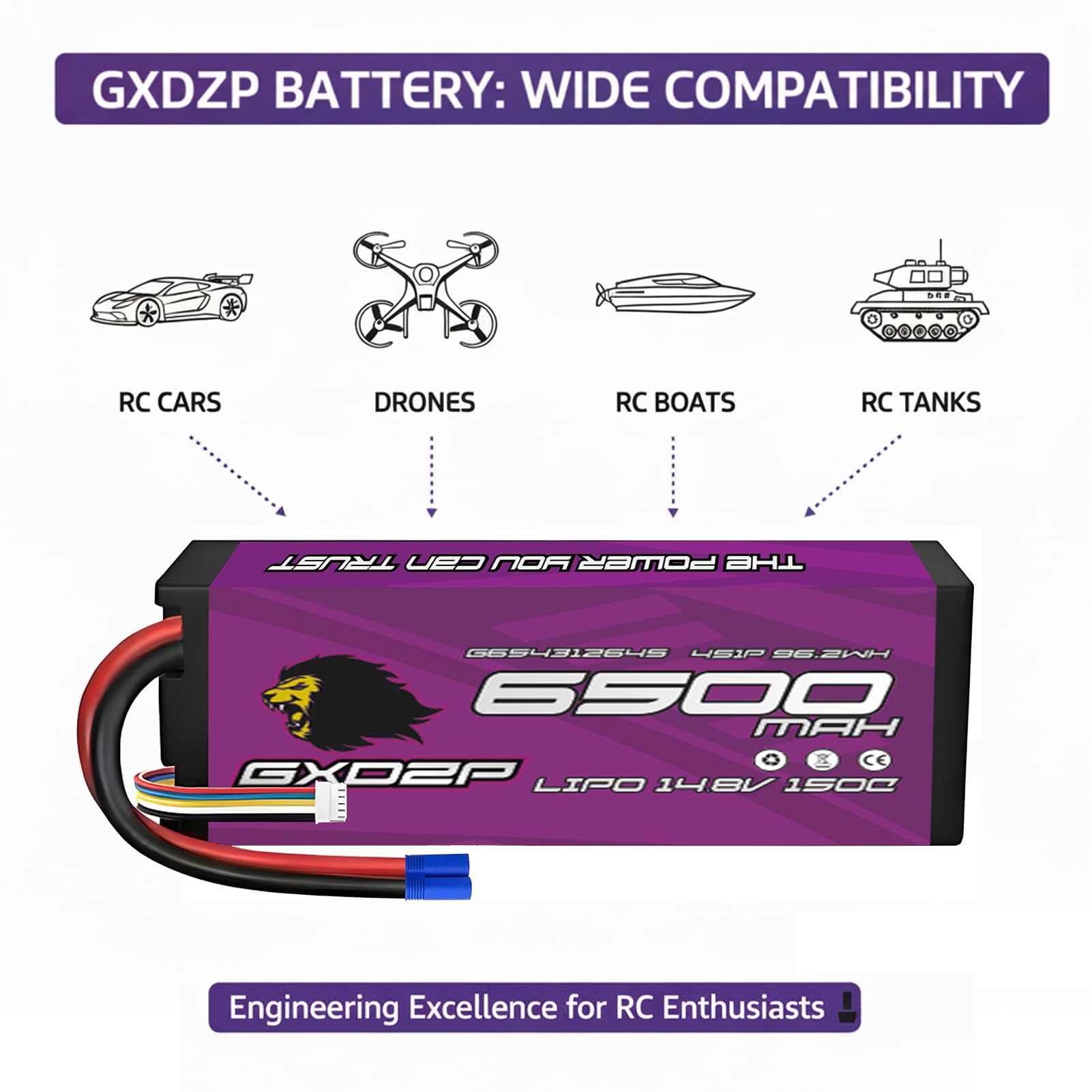 2 Batterie LiPo 4S 6500mAh 14.8V 150C EC5 Pack Doppio Massima Potenza Hardcase Custodia Rigida per Auto Buggy Camion Truggy Aereo Drone FPV RC Scala 1/10 1/8 Radiocomandato Modellismo Racing