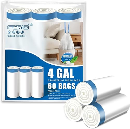 FORID Bolsas de basura pequeñas con cordón, bolsas de basura de plástico de 4 galones, color blanco, sin perfume, 60 bolsas de basura fuertes para