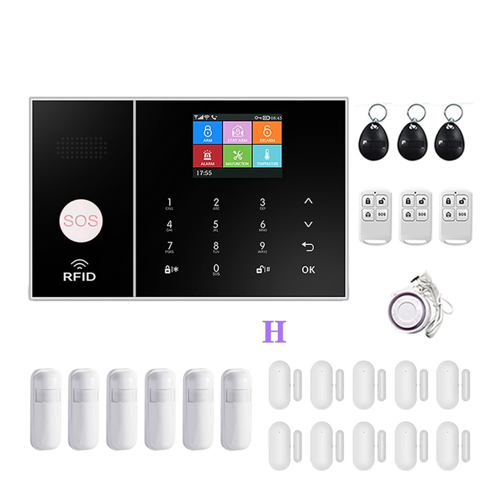GSM WiFi Système d'alarme de sécurité Contrôle de l'application Smart Home GPRS Kit d'alarme sans Fil 433 MHz avec Piratage Capteur de sirène capteur de Porte et RFID(A 600MAH)