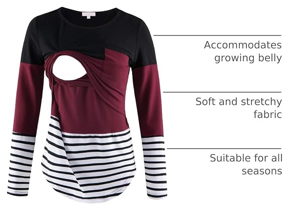 Bhome Nursing Tshirt Color Block Maternity Short Sleeve Top for Breastfeeding Pregnancy Shirt with Pocket
