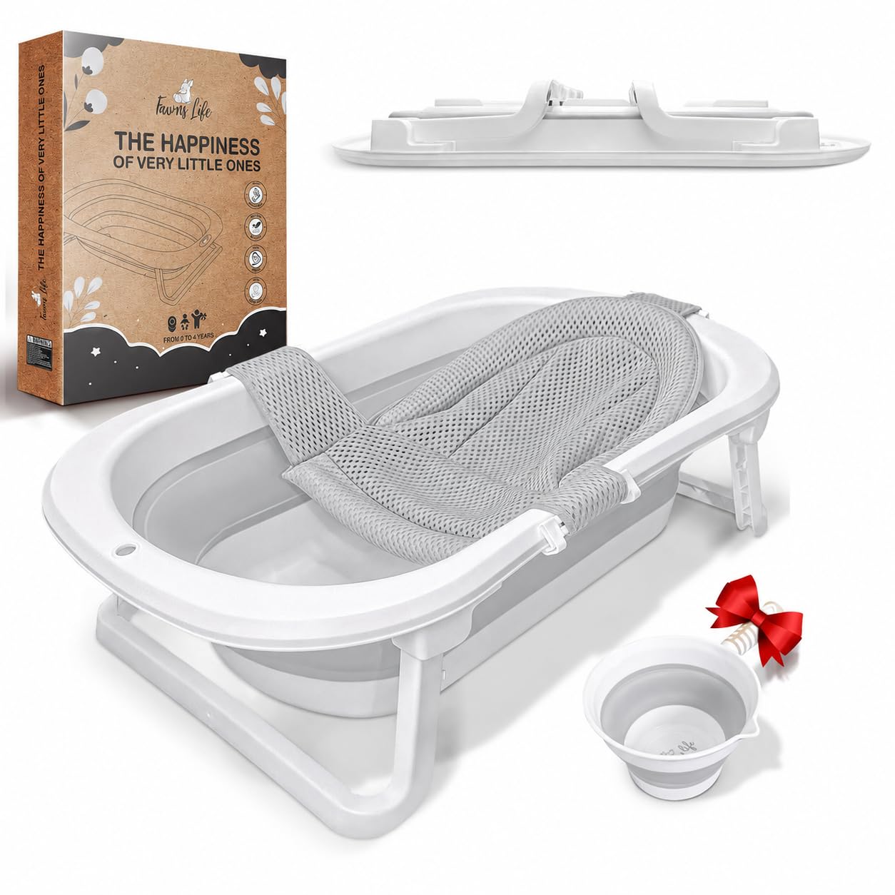 XXL Baignoire Pliable Bébé FawnsLife - Baignoire Bébé sur Pied avec Siège Confortable et un Petit Seau d'eau Pliable Offert - Qualité Supérieure et Pratique pour Petits Espaces et Déplacements (Gris)