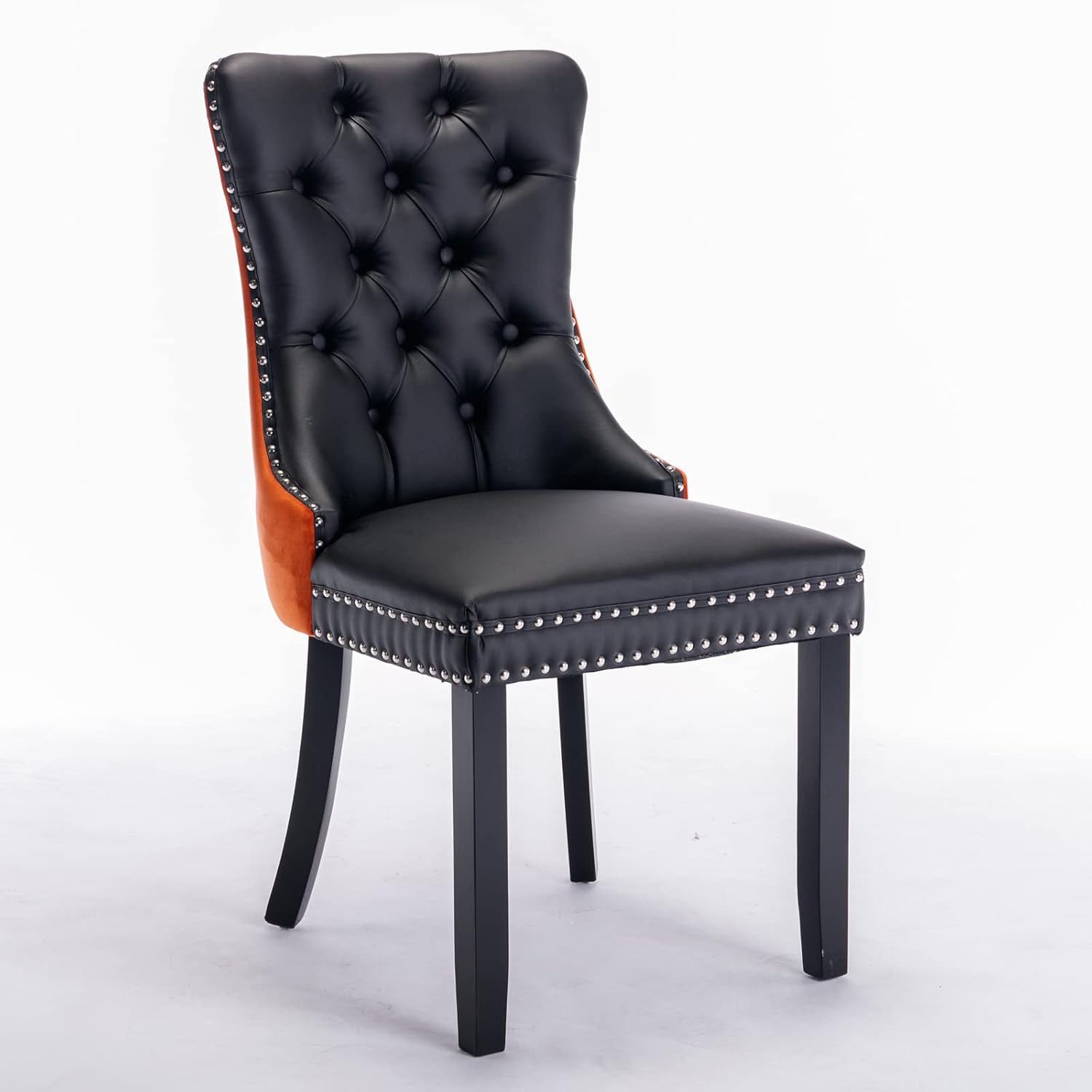 PU and Velvet Upholstered Dining Chair with Wood Legs,Tall Back Side Chair W/Nailhead Trim 2-Pcs Set,for Living Room,Apartment,Black+Orange