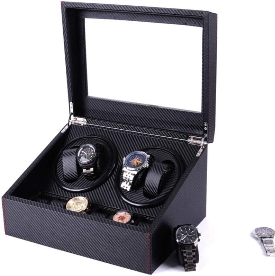 Carbon Fiber PU Leather Automatic Watch Winder Box, Silent Motor, Dual Watch Slots, 2 Rotation Modes