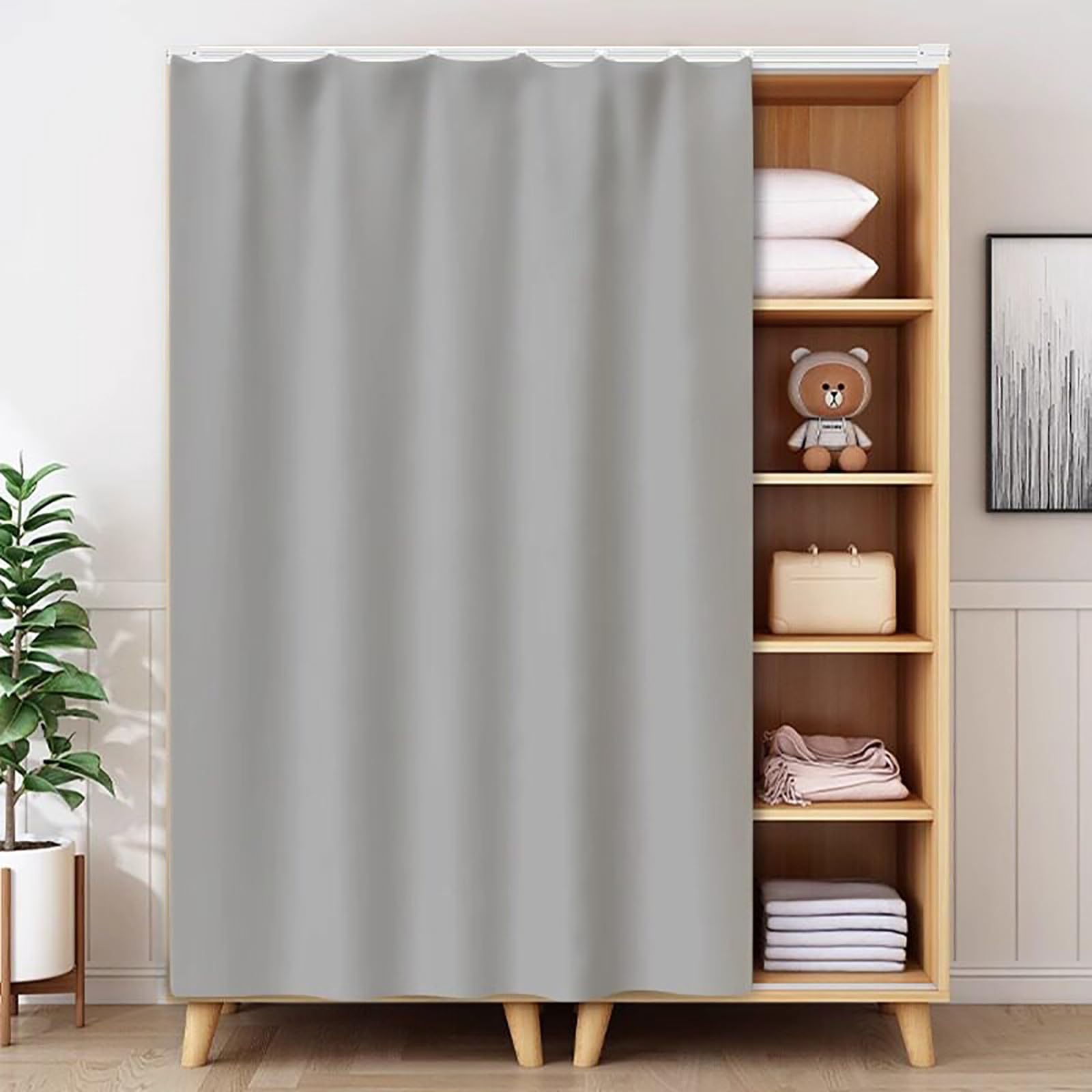 Rideau Placard sans Perçage, Auto-adhésif/Anti-Poussière Rideau Cuisine&sous Evier, Peluche Courte Rideau Occultant Court, Rails Coulissants Cuisine/Salle Bain/Dressing(Gray-a,200 x 150 cm)