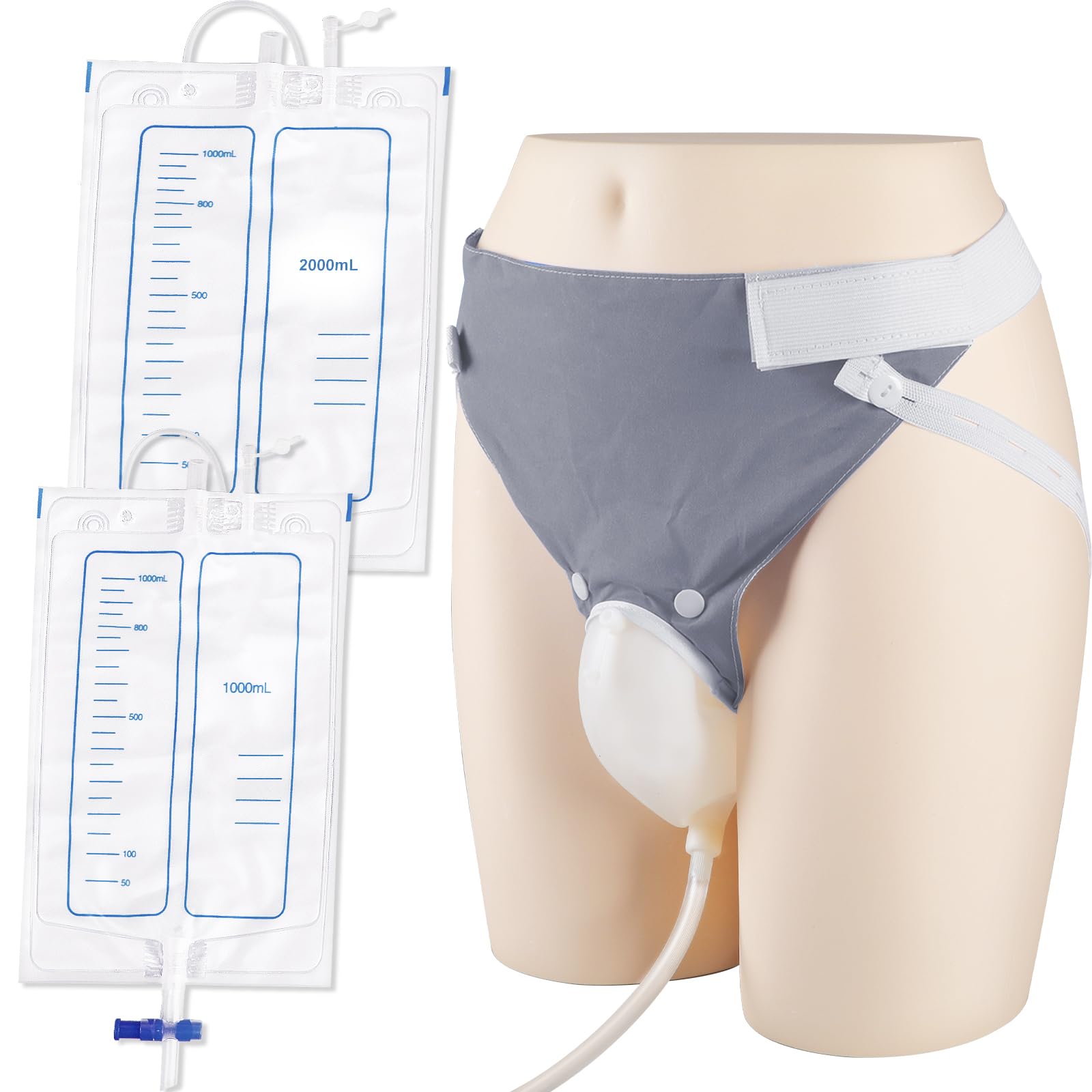 Wearable Urine Collector with 1000ml & 2000ml Urine Collection Bags 1.2M Catheter and Dual Capacity Bags, Includes Breathable Cotton Pants Leak Proof Anti Reflux for Elderly Men Grey