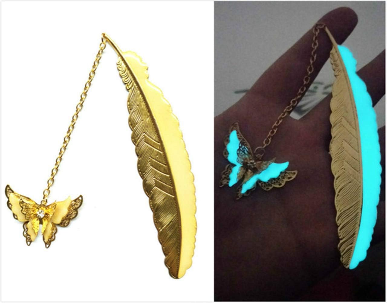 NineSoil Luminous Bookmarks,3D Feather Metal Butterfly Book Marks with Gift Box Glow in The Dark Bookmarks Gifts for Women Reading Lovers Men Kids (Golden Butterfly)