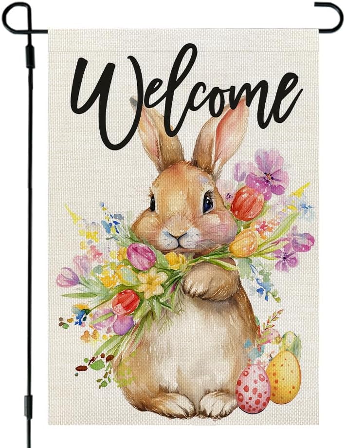 CROWNED BEAUTY Easter Bunny Garden Flag 12x18 Inch Double Sided for Outside Small Burlap Holiday Floral Welcome Yard Flag CF1802-12