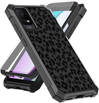 Case for TCL iON X/40z/iON V/430V/607 Phone Case, Screen Protector Tempered Glass,Slim TPU Protective Cover - Black Leopard Print