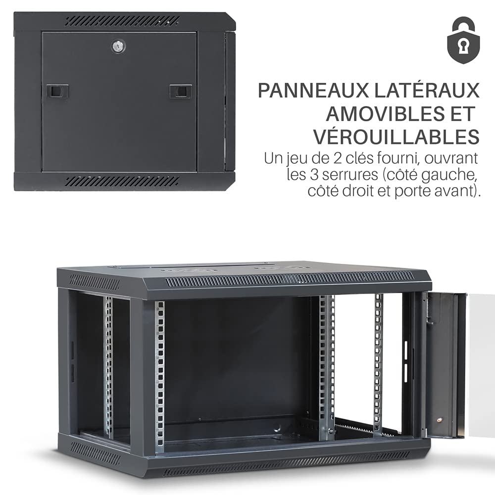 WAYTEX 37401 Netzwerkschrank 19 Zoll 6U – L 600 x T 450 x H 368 mm – Wandmontage oder freistehend im Lieferumfang enthalten – Glastür mit Schloss – Farbe Schwarz