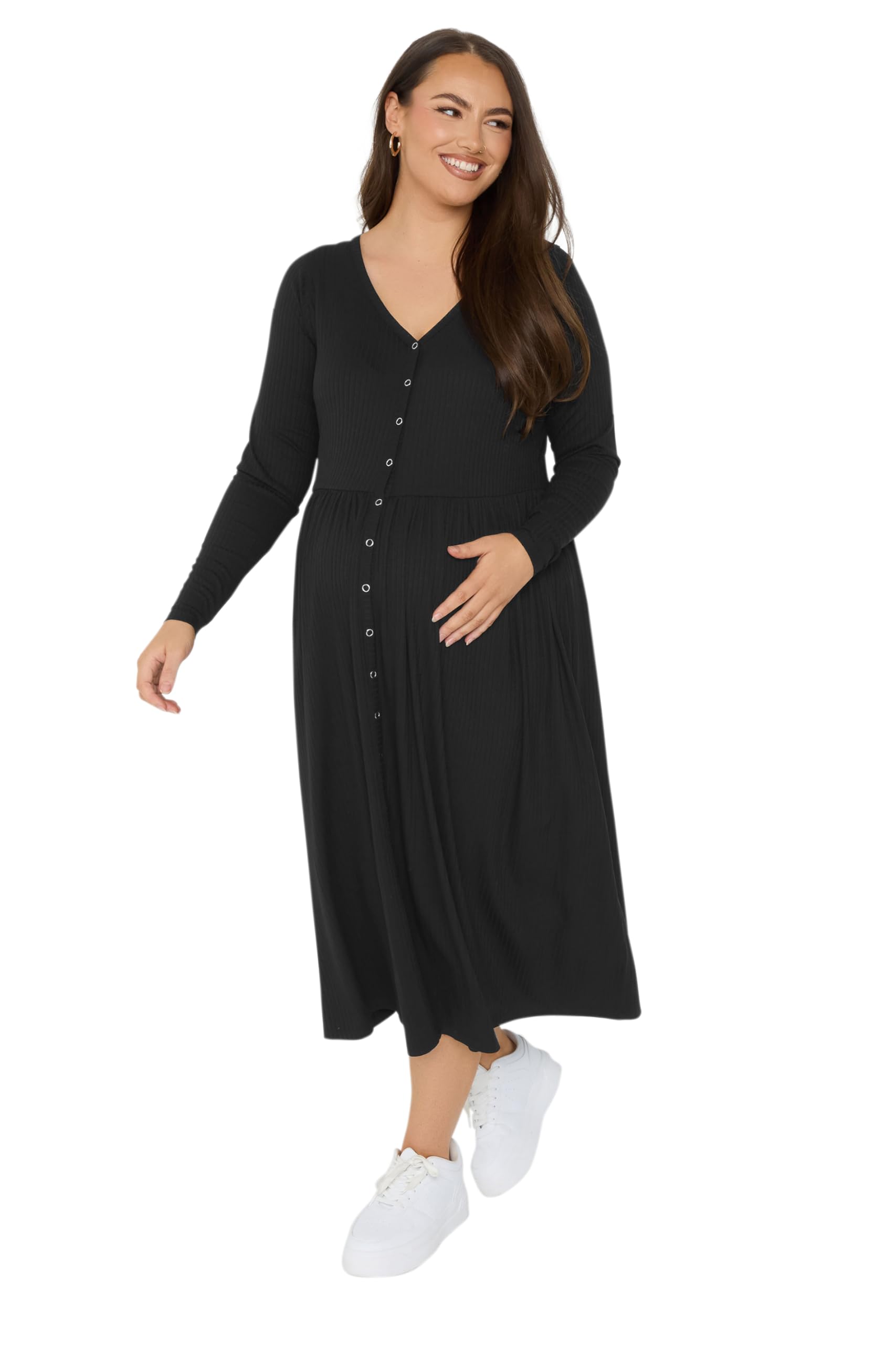 Yours Women's Black Bump It Up Maternity Curve Premium Modal Ribbed Button Through Dress - Plus Size Curve