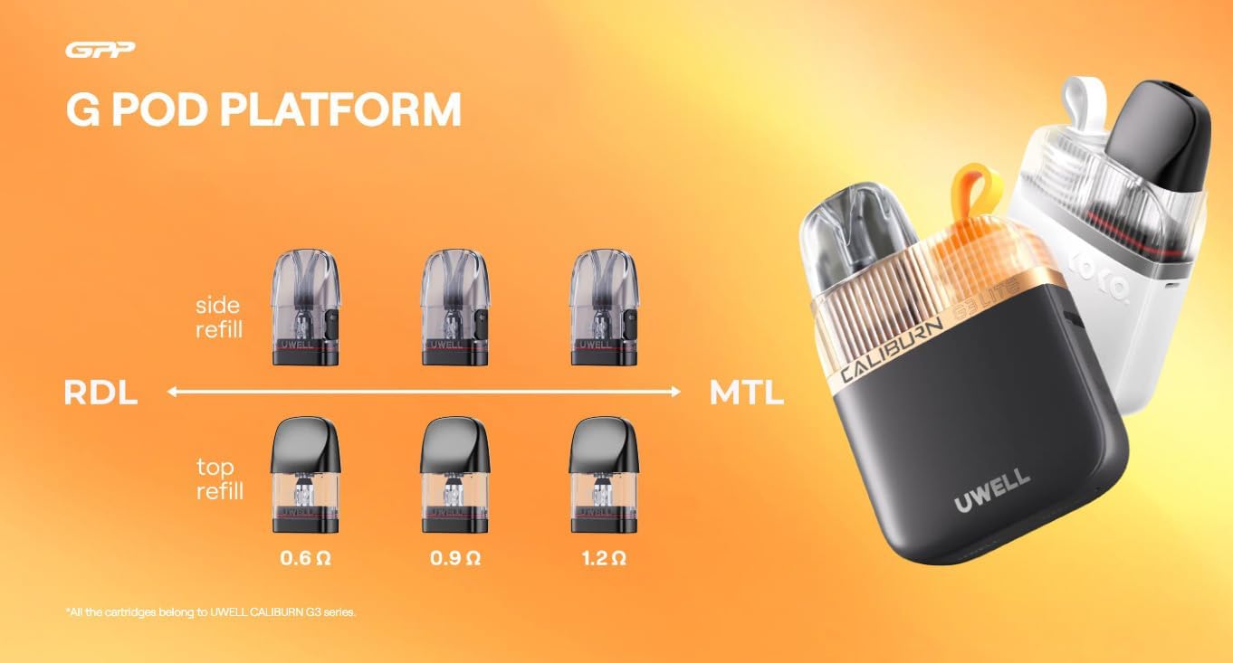 Uwell G Pod Platform showing different Caliburn G3 cartridges with side and top refill options and various resistances