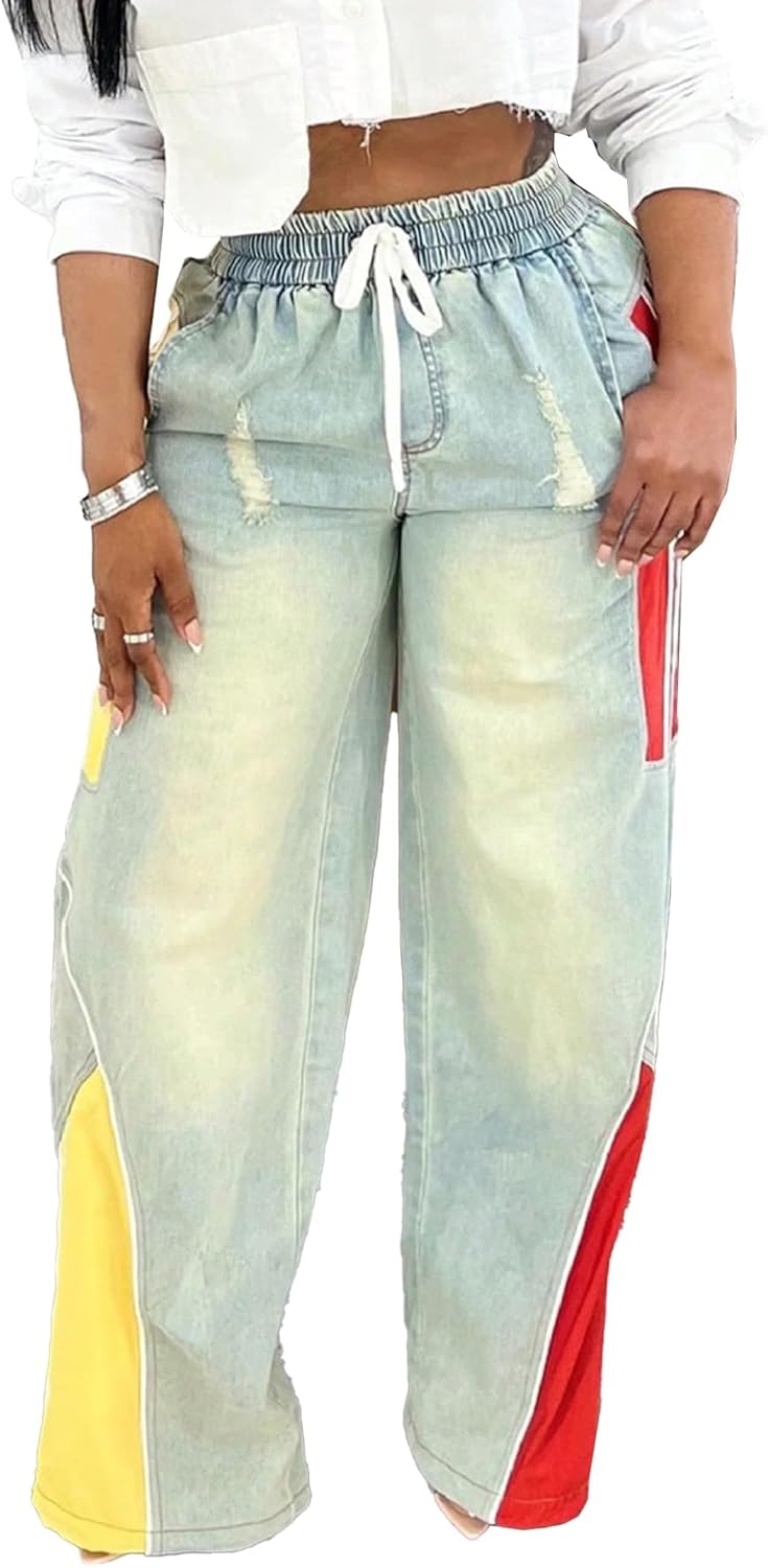 YOOTIKO Women Striped Drawstring Jeans Elastic High Waisted Straight Wide Leg Baggy Sweatpants Jeans