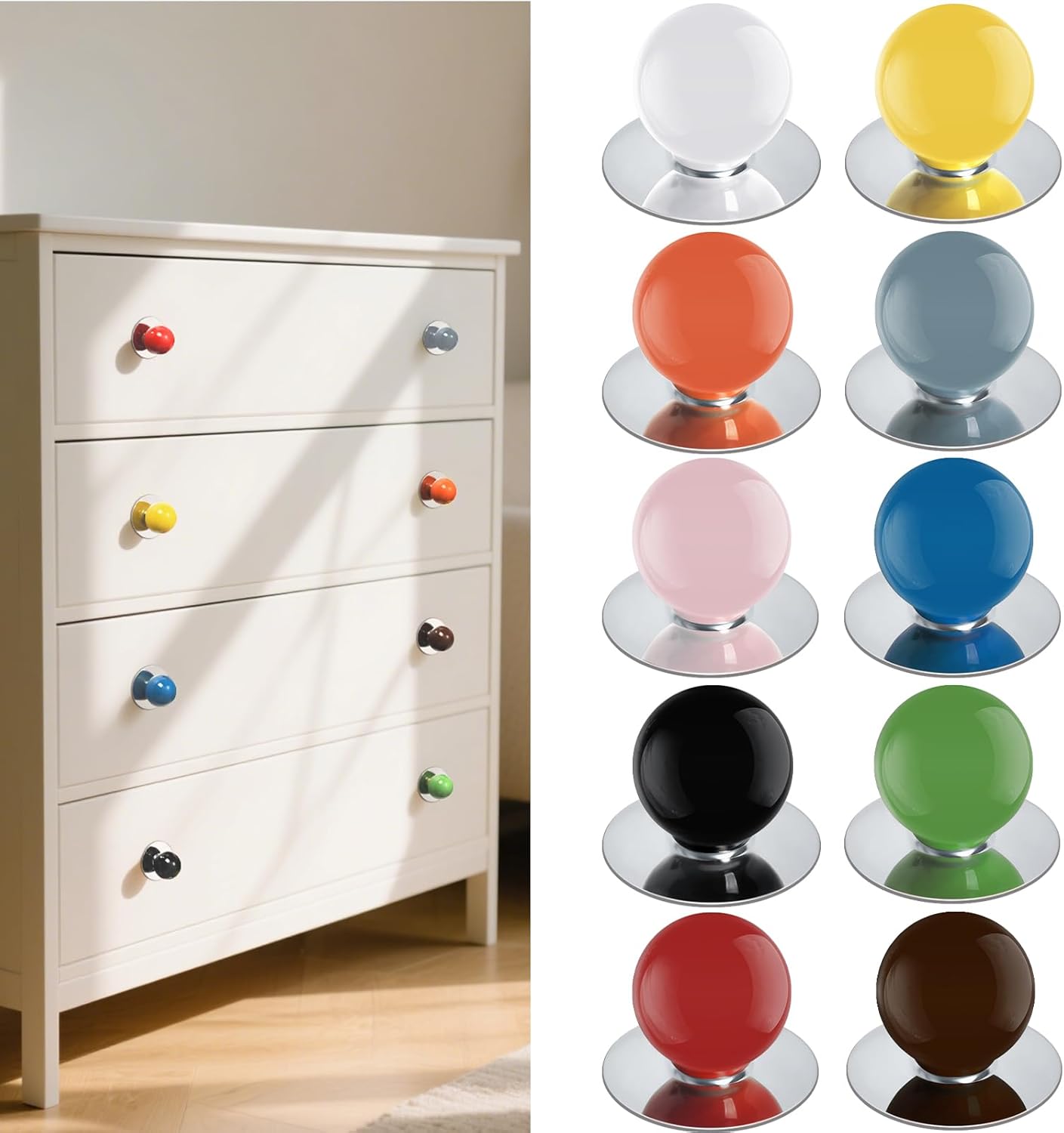 10 Pack Peel and Stick Cabinet Knobs Rainbow Colorful Adhesive Ceramic Handles Ball Adhesive Pulls Stick on Dresser Drill-Free Knobs for Cupboard Drawer Door Mirror Cabinet Wardrobe Container