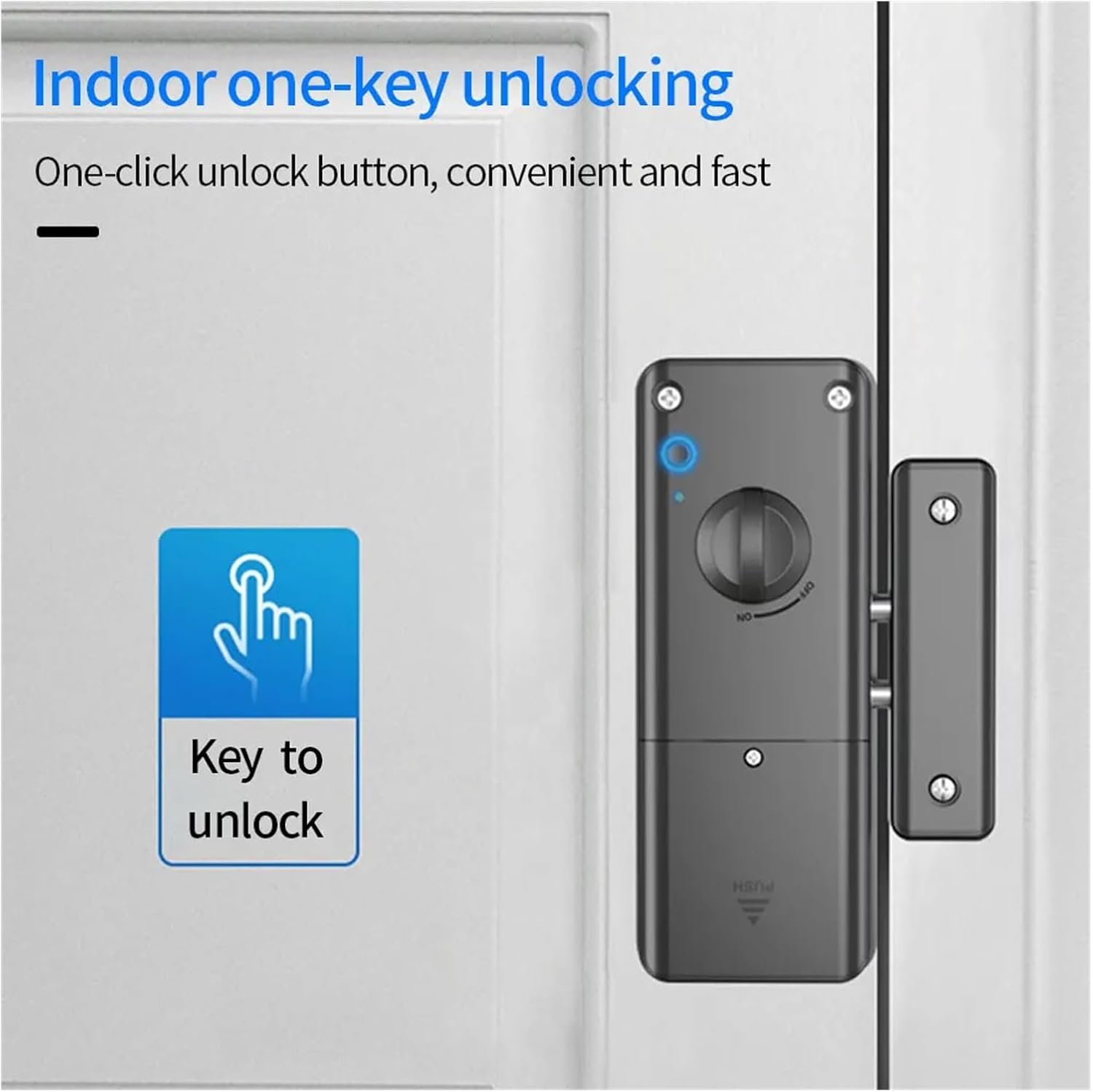 FJZKTEG Smart Electric Motor Lock showing indoor one-key unlock button