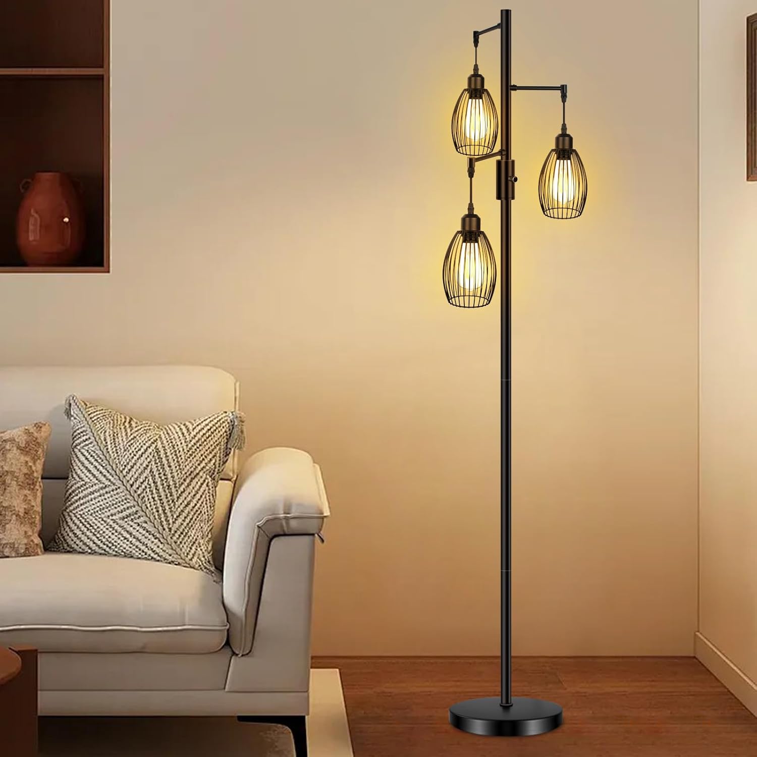 LTBLIGHT Floor Lamps for Living Room, 68-Inch Industrial Tree Floor Lamp with 3 Dimmable Vintage Edison Bulbs, Standing Light for Bedroom Office Dinning Room, Black