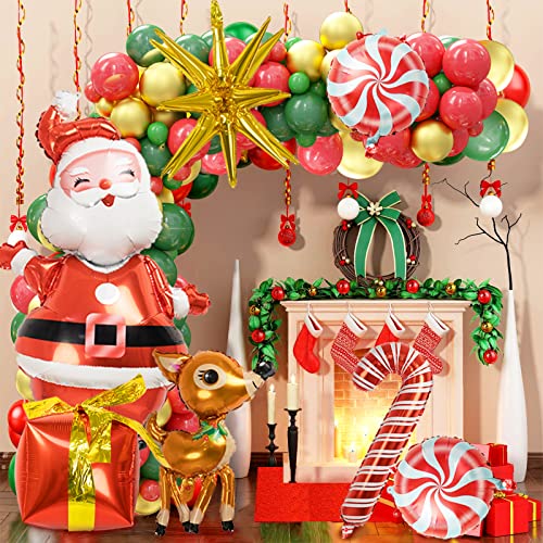 160Pcs Christmas Balloons Garland Arch Kit - Red Green Party Decorations Balloons With Santa Claus Elk Cane Candy Gift Box Cone Mylar Balloons For Christmas Holiday New Year Winter Party Decorations #TOP5