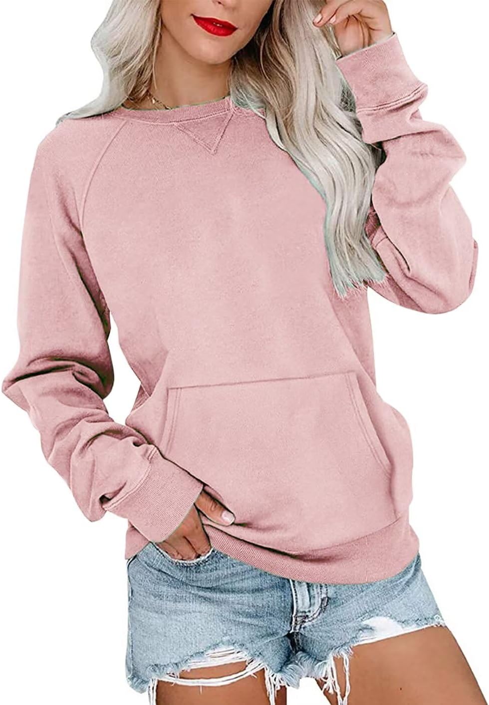 Womens Long Sleeve Sweatshirt Casual Crewneck Cute Pullover Tops Lightweight Sweatshirt with Pocket 2026