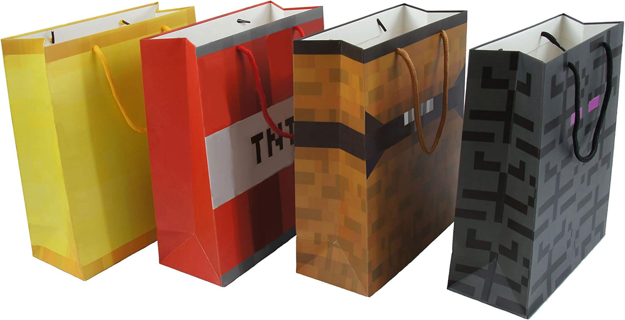 Pixel Miner Style Gift Bag 4-Pack - Four Fun Gift or Party Favor Bags Featuring Pixel Chest, Pixel Gold Block, Pixel TNT and Pixel Endermonster - Perfect For Holiday Gifts or Birthday Party Supplies