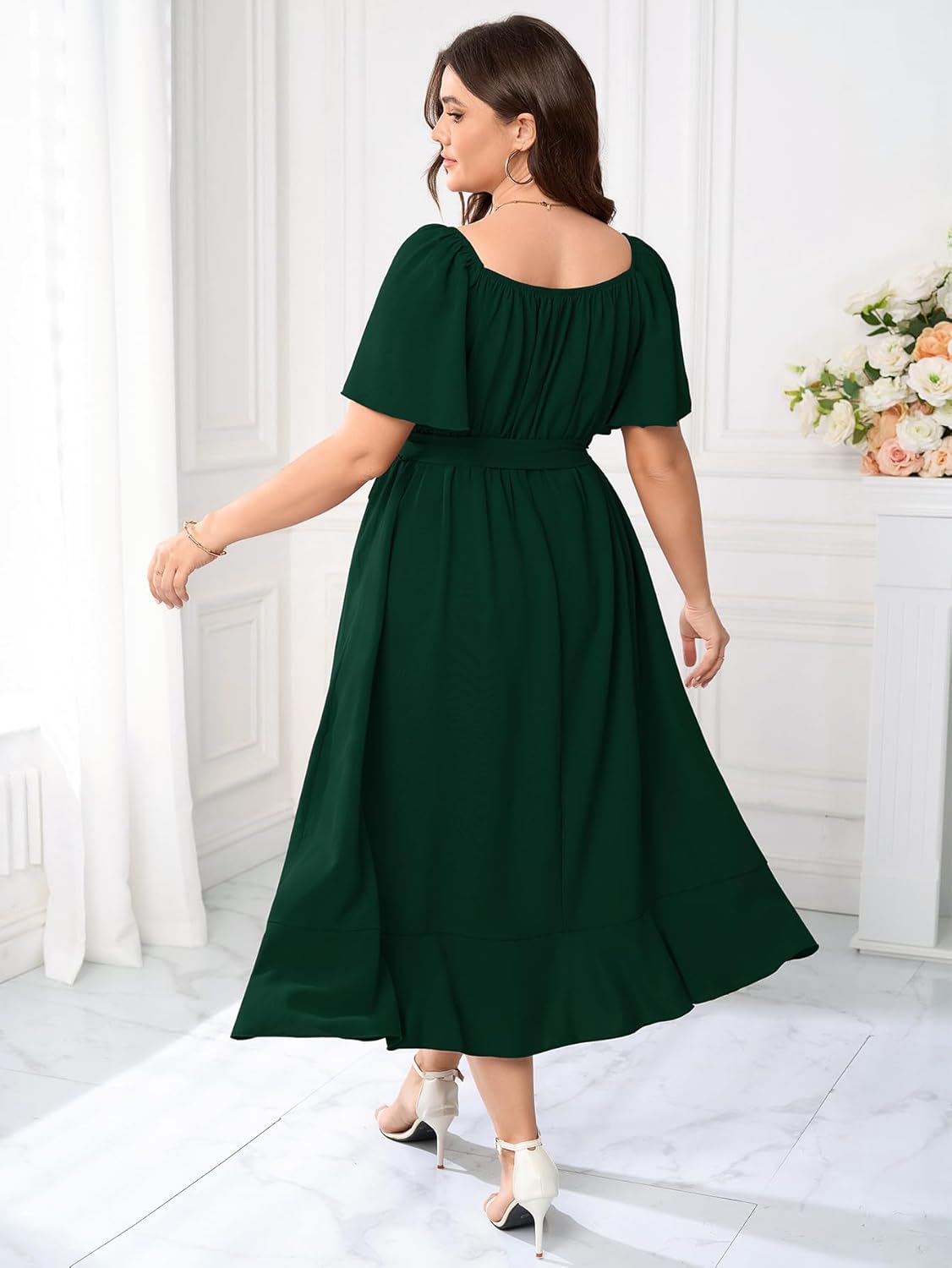 Womens Plus Size Cocktail Midi Dresses Short Sleeve Square Neck Flowy Formal Wedding Guest Dress Off The Shoulder - Image 2