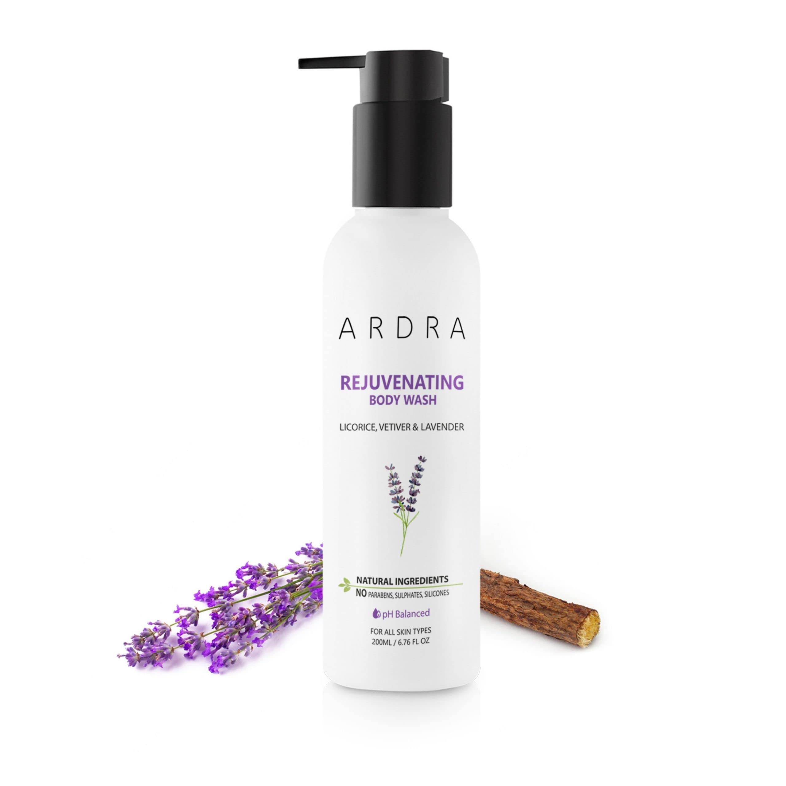 ARDRA Rejuvenating Body Wash (200ml) with Lavender, Ylang Ylang, Licorice, Vetiver, Super hydrating, Mild Cleanser, Vegan, Sulphate free & Paraben free For All Skin Types