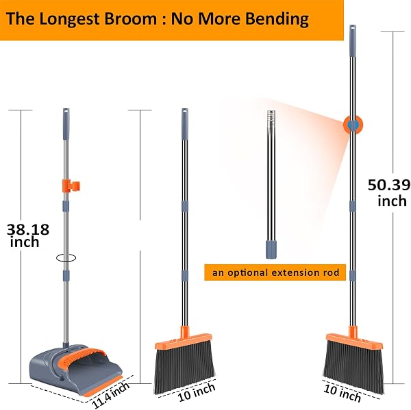 kelamayi kelamayi Upgrade Broom and Dustpan Set, Self-Cleaning with Dustpan Teeth, Indoor&Outdoor Sweeping, Ideal for Dog Cat Pets Home Use, Stand Up Broom and Dustpan (Gray&Orange) in use