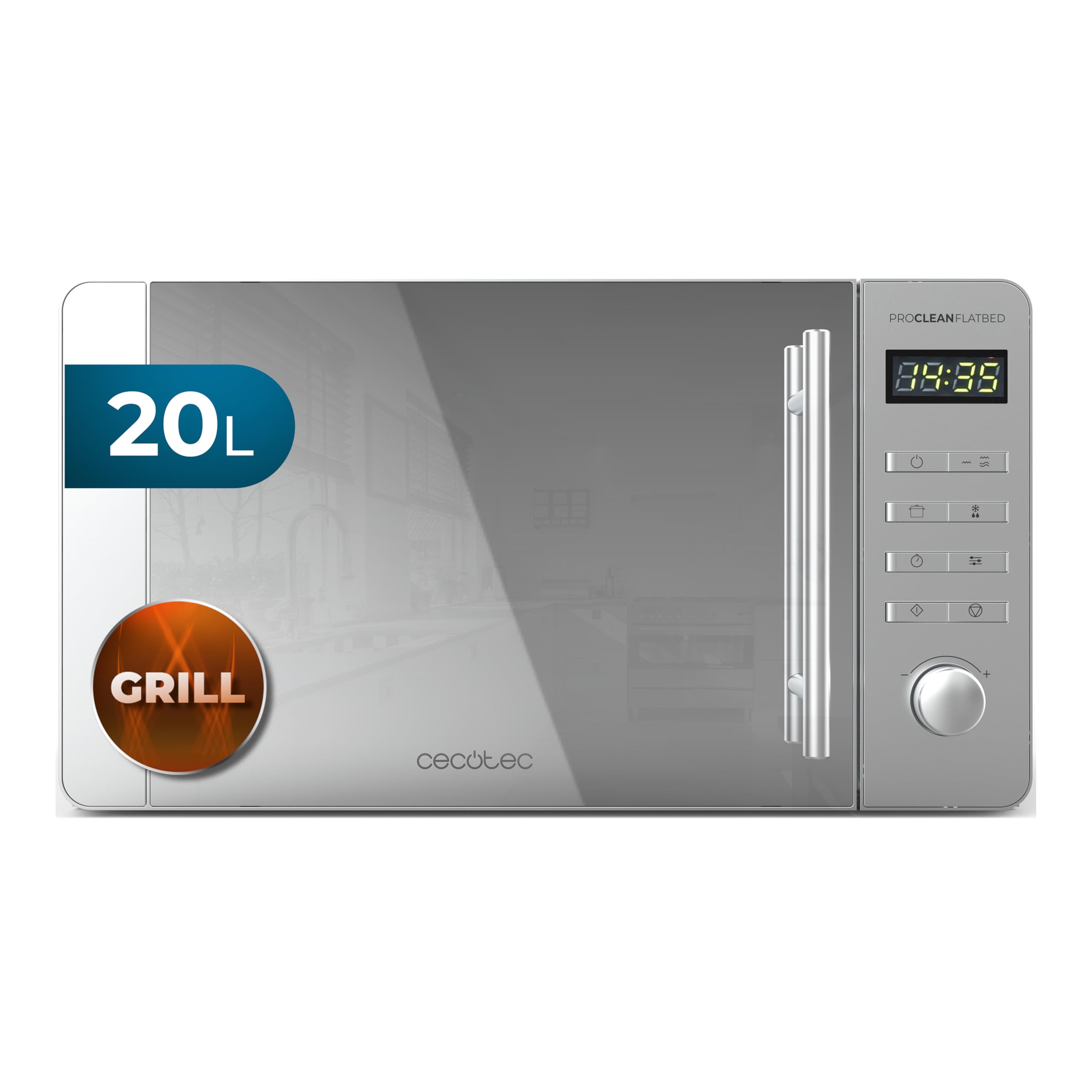 Cecotec Microondas de 20L Proclean 5120 Flatbed. Inox Potencia de 700W y Grill de 800W, 8 Programas, Pantalla Led, Diseño Mirrordoor, Interior Cerámico, Temporizador 30 Min, Tecnología 3Dwave